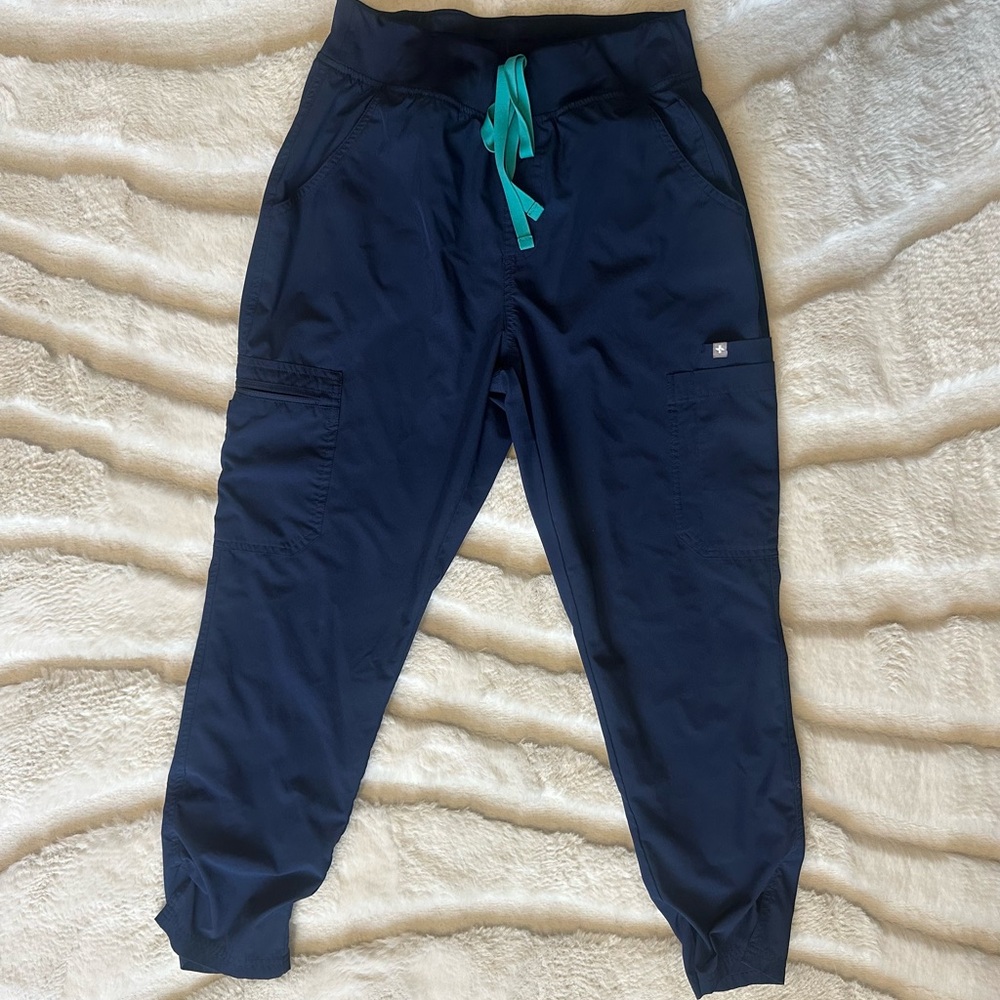 Figs Navy Blue Jogger Pants with Teal Drawstring